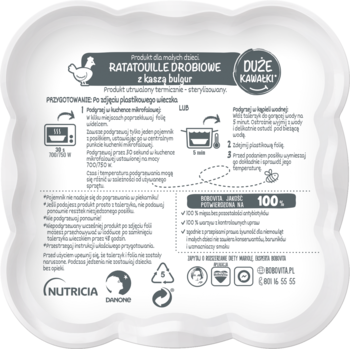 Tył białego opakowania Ratatouille drobiowego z kaszą bulgur, instrukcje, info o składnikach.