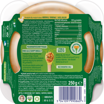 Tył zielono-białego opakowania BoboVita Ratatouille drobiowe z kaszą bulgur 12m+, widoczne składniki, wartości odżywcze i kod EAN.