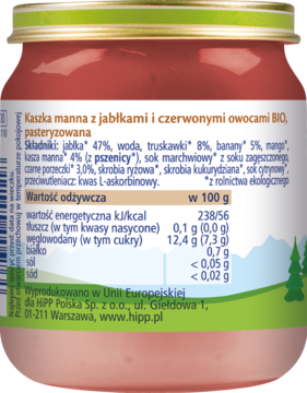 Tył słoiczka HiPP kaszka manna z jabłkami i czerwonymi owocami BIO, etykieta ze składem i wartościami.