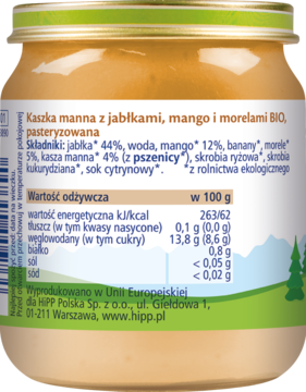 Tył słoiczka HiPP BIO Kaszka manna z owocami, widoczna etykieta ze składnikami i tabelą wartości odżywczych.
