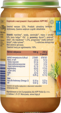 Tył słoiczka HiPP BIO Krupniczek z warzywami i kurczakiem, widok z bliska, etykieta z tabelą wartości odżywczych dla dzieci.