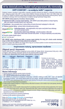 Tył białego opakowania HiPP COMFORT mleka dla niemowląt 300g, z polskimi informacjami o dawkowaniu.