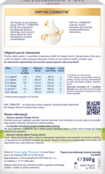 Biały tył opakowania mleka HiPP HA COMBIOTIK 350g z tabelą dawkowania dla niemowląt.