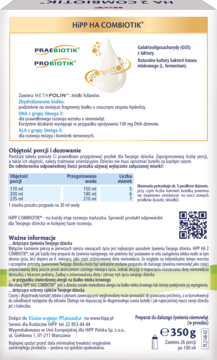 Tył biało-fioletowego opakowania HiPP 2 HA Combiotik® mleka dla niemowląt, widok z góry, z tabelami dawkowania.