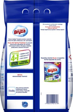 Tył niebiesko-białej paczki Bryza Color 4w1, proszku do prania z formułą do kolorowych ubrań.