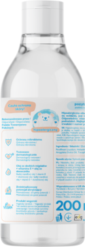 Hipoalergiczna oliwka Jelp Baby 0+ w przezroczystej butelce, tył opakowania z etykietą i opisem wegańskim.