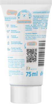 Tył białej tubki kremu Jelp Baby 0+ hipoalergiczny, 75 ml, z niebieskim jeżem i pełnym składem.