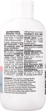 Tył białej butelki odżywki ISANA Professional Plex 250ml z Kerarice, widoczne informacje i składniki.
