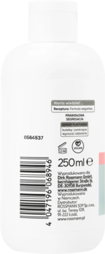 Tył białej butelki szamponu ISANA Professional PLEX 250ml z kodem kreskowym, info producenta i logo vegan.