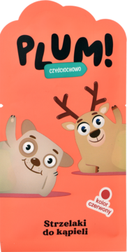 Front czerwonych Strzelaków do kąpieli Plum! Czyściochowo z uśmiechniętym psem i jelonkiem.