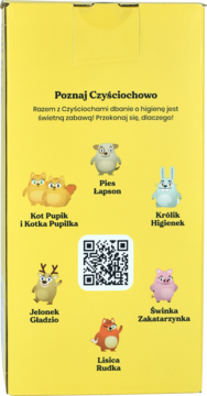 Tył żółtego opakowania zestawu kul kąpielowych Czyściochowo, z postaciami: Pies Łapson, Królik Higienek i QR kod.