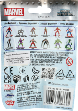 Tył jasnoniebieskiego opakowania Marvel Nano Metalfigs z małymi obrazkami postaci i ostrzeżeniami.
