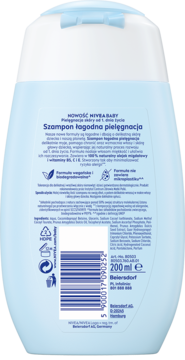 Tył niebieskiej butelki Nivea Baby Szampon łagodna pielęgnacja 200ml, z polską etykietą i kodem.