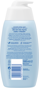 Tył butelki Nivea Baby Żel 2w1 do mycia ciała i włosów 500ml, widoczny skład, opis i kod kreskowy.