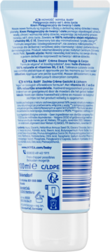 Tył białej tubki NIVEA BABY Krem Pielęgnacyjny do twarzy i ciała 100ml, widoczna etykieta ze składem.