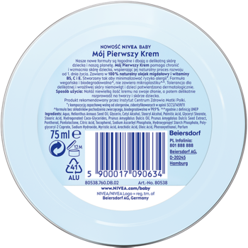 Tył okrągłego opakowania kremu NIVEA BABY Mój Pierwszy Krem 75ml ze składem i kodem kreskowym.
