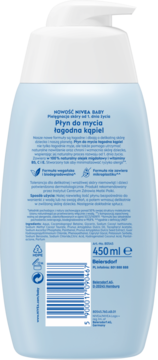 Tył butelki Nivea Baby Łagodna Kąpiel, niebieskiej z pompką. Widoczny kod kreskowy, 450 ml i skład.