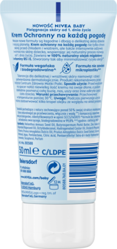 Tył tubki kremu NIVEA BABY Krem Ochronny na każdą pogodę 50ml, z polskim tekstem i ikonami.
