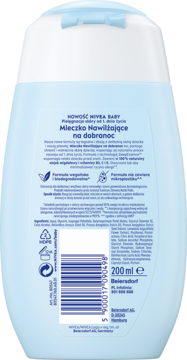 NIVEA BABY Mleczko Nawilżające na dobranoc, tył jasnoniebieskiej butelki z informacjami o składnikach.