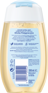 Tył przezroczystej butelki NIVEA BABY Oliwka Pielęgnacyjna 200ml z niebieską nakrętką i pełną etykietą produktu.
