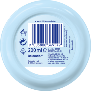 Widok na dno jasnoniebieskiego opakowania kremu NIVEA BABY 200ml, z kodem kreskowym i informacjami producenta.
