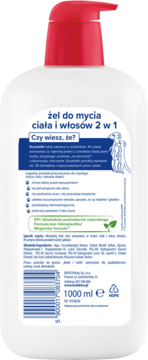 Biała butelka Bambino Dzieciaki żel do mycia ciała i włosów 2w1, tył opakowania 1000ml z etykietą i kodem.