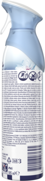Tył sprayu Ambi Pur Lenor Spring Awakening 185ml, błękitna butelka z etykietą i kodem kreskowym, lekko z boku.