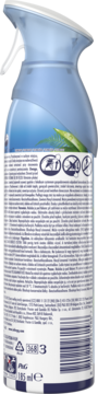 Tył odświeżacza powietrza Ambi Pur Ocean Mist 185ml w sprayu, niebieska butelka z etykietą i kodem kreskowym.