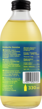 Tył butelki Forever Young Kombucha Jasmine 330 ml, żółty napój, etykieta z białym tekstem, dane odżywcze, kod kreskowy.