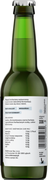 Zielona butelka AleBrowar Kombucha Czarna Herbata, widok z tyłu, biała etykieta z wartościami odżywczymi.