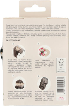 Kremowy tył opakowania gumki scrunchie do loków bez ciepła, z 4-etapową instrukcją i logo FSC.