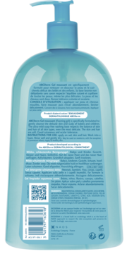 Tył niebieskiej butelki Bioderma ABCDerm Gel Moussant, z tekstem opisującym delikatny żel myjący i kodem QR.