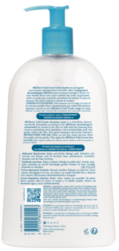 Tył białej butelki emulsji Bioderma ABCDerm Cold-Cream, niebieska pompka, instrukcje i kod QR.