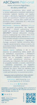 Tył opakowania kremu ABCDerm Péri-oral, z polskimi informacjami o produkcie i kodem QR. Widok z góry.