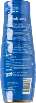 Tył niebieskiej butelki koncentratu SodaStream Pepsi z widoczną etykietą, kodem kreskowym i polskimi napisami.