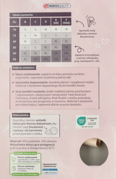Beżowy biustonosz laktacyjny: informacyjny schemat z tabelą rozmiarów i opisem cech produktu, jak łatwe zapięcie.