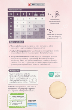 Beżowy biustonosz laktacyjny, arkusz informacyjny z tabelą rozmiarów i opisem cech, widoczny swatch tkaniny.