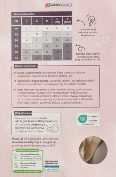 Beżowy biustonosz laktacyjny M: tabela rozmiarów EU/miseczek i cechy, widoczny fragment materiału.