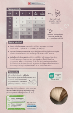 Beżowy, zwinięty fragment materiału biustonosza laktacyjnego na tle tabeli rozmiarów.