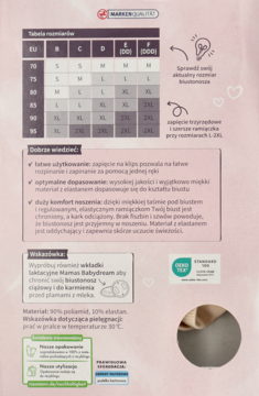 Karta produktu: tabela rozmiarów i kluczowe cechy beżowego biustonosza laktacyjnego. Widoczny opis i piktogramy.