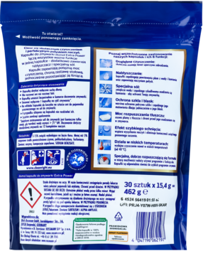 Tył niebieskiego opakowania tabletek do zmywarki Domol Extra Power All-in-One z opisem 8 funkcji i składem.