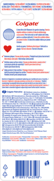 Tył opakowania manualnej szczoteczki Colgate Ultra Soft. Białe tło, opis produktu, logo, kod kreskowy.
