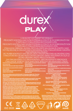 Tył opakowania masażera Durex Play, gradient od różu do pomarańczu, z tekstem w wielu językach.
