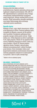 Tył białego opakowania Kolastyna Ochronny krem do twarzy SPF 50+, z listą składników i opisem użytkowania.