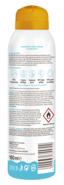 Tył białej butelki sprayu Kolastyna dla dzieci SPF 50, 150 ml, z etykietą opisującą wodoodporność i 360° aplikację.