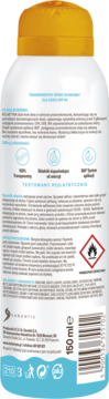 Tył butelki transparentnego sprayu przeciwsłonecznego Kolastyna SPF 50 dla dzieci, z informacjami o składzie.