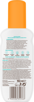 Tył białej butelki Kolastyna Emulsji ochronnej SPF 50+ dla dzieci, z tekstem, ikonami i kodem kreskowym.