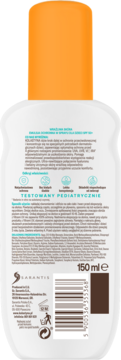 Tył białej butelki Kolastyna emulsji ochronnej dla dzieci w sprayu SPF 50+ z polskim opisem i kodem kreskowym.