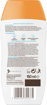 Tył opakowania emulsji do opalania Kolastyna SPF 50 dla dzieci, z opisem, składem i kodem kreskowym.