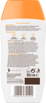 Tył opakowania Kolastyna emulsji do opalania SPF 50. Biała butelka z pomarańczową nakrętką, widoczny opis, składniki.